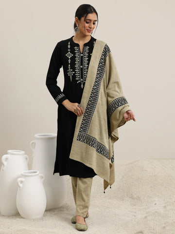 Libas Black Yoke Design Wool Blend Straight Suit With Dupatta