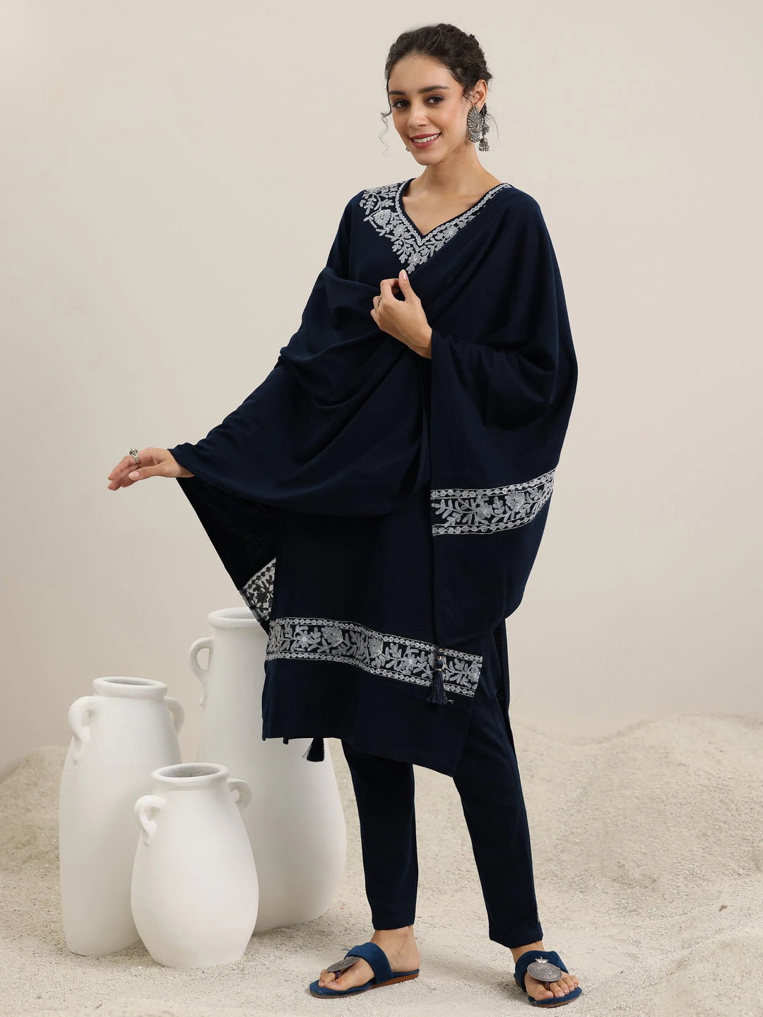  Blue Embroidered Wool Blend Straight Suit With Dupatta 