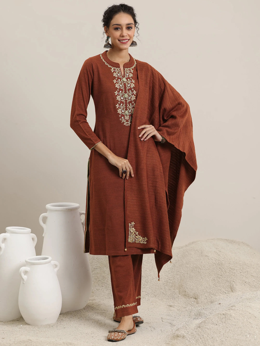  Rust Yoke Design Wool Blend Straight Suit With Dupatta 