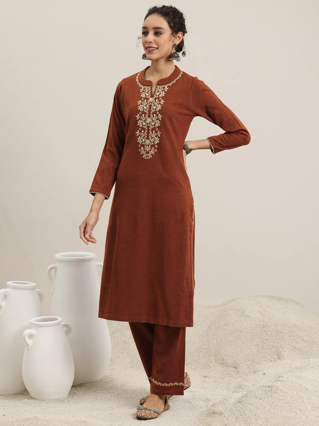  Rust Yoke Design Wool Blend Straight Suit With Dupatta 