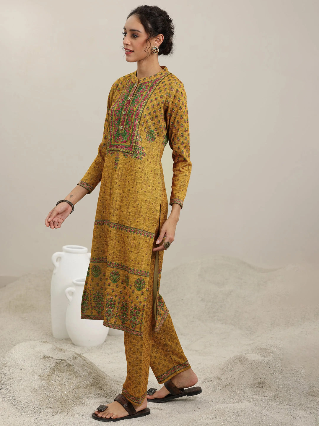  Mustard Printed Wool Blend Straight Suit With Dupatta 