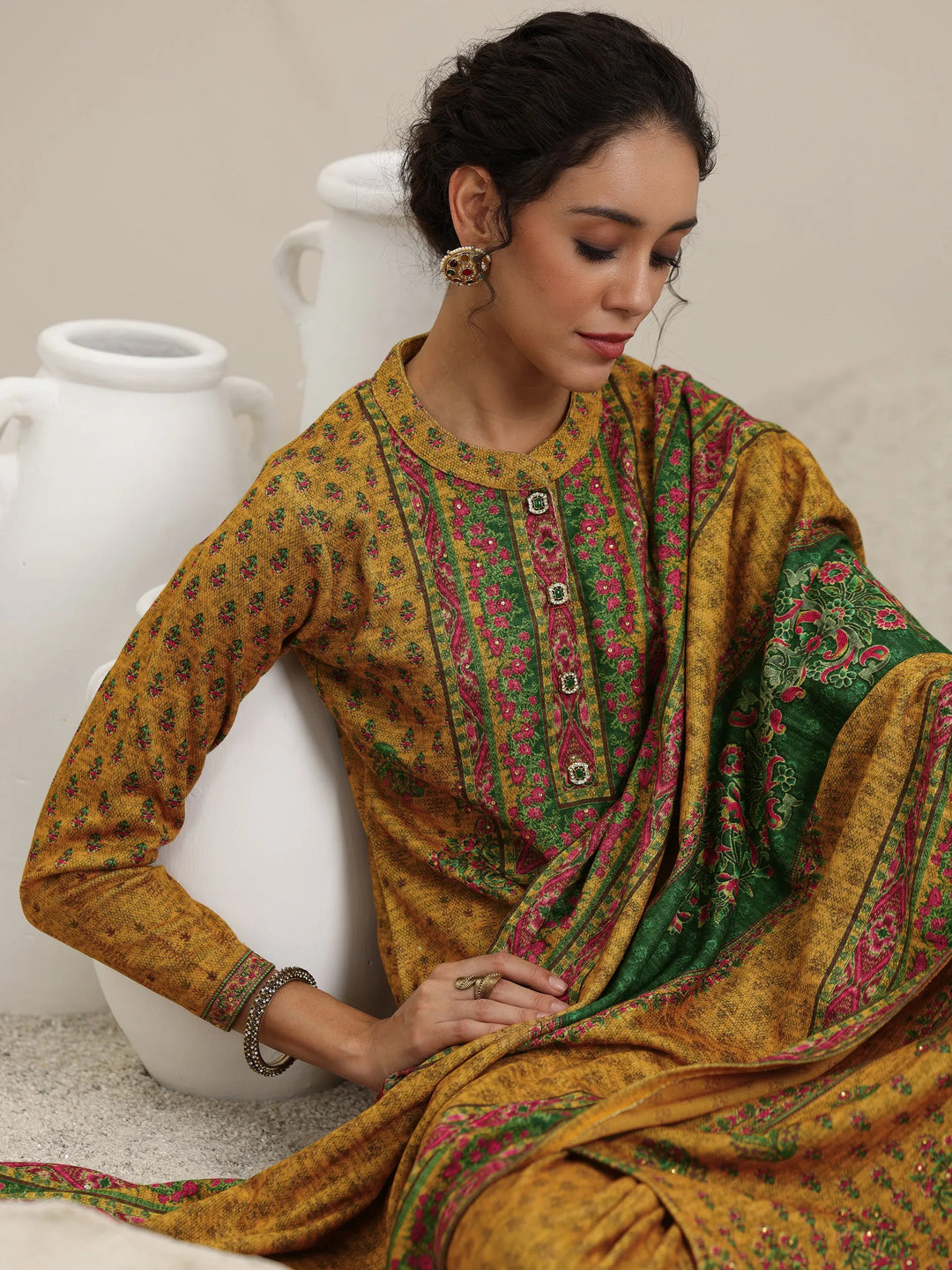  Mustard Printed Wool Blend Straight Suit With Dupatta 