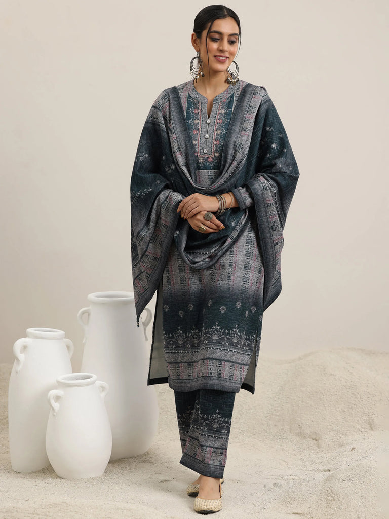 Libas Grey Printed Wool Blend Straight Suit With Dupatta