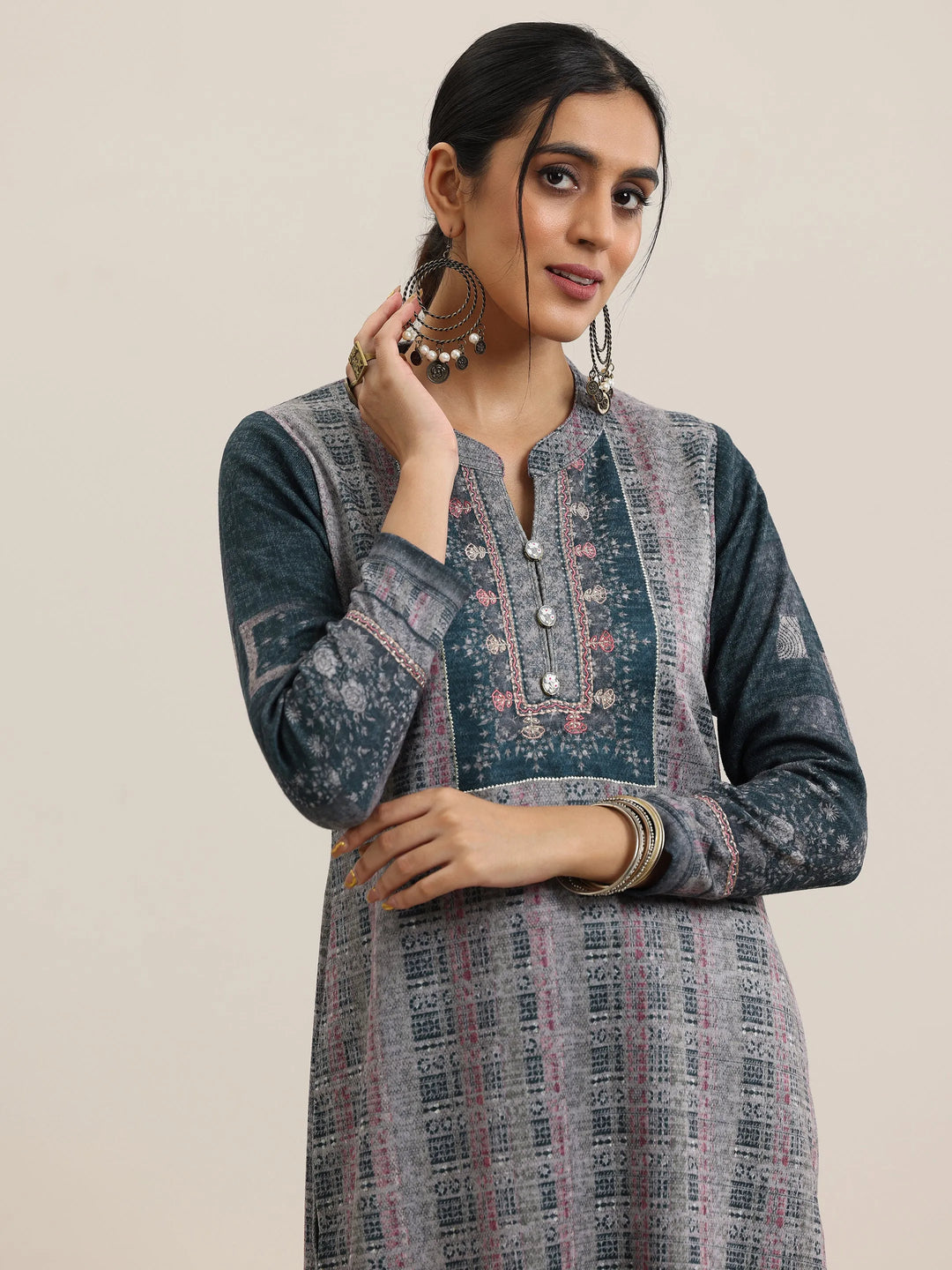  Grey Printed Wool Blend Straight Suit With Dupatta 