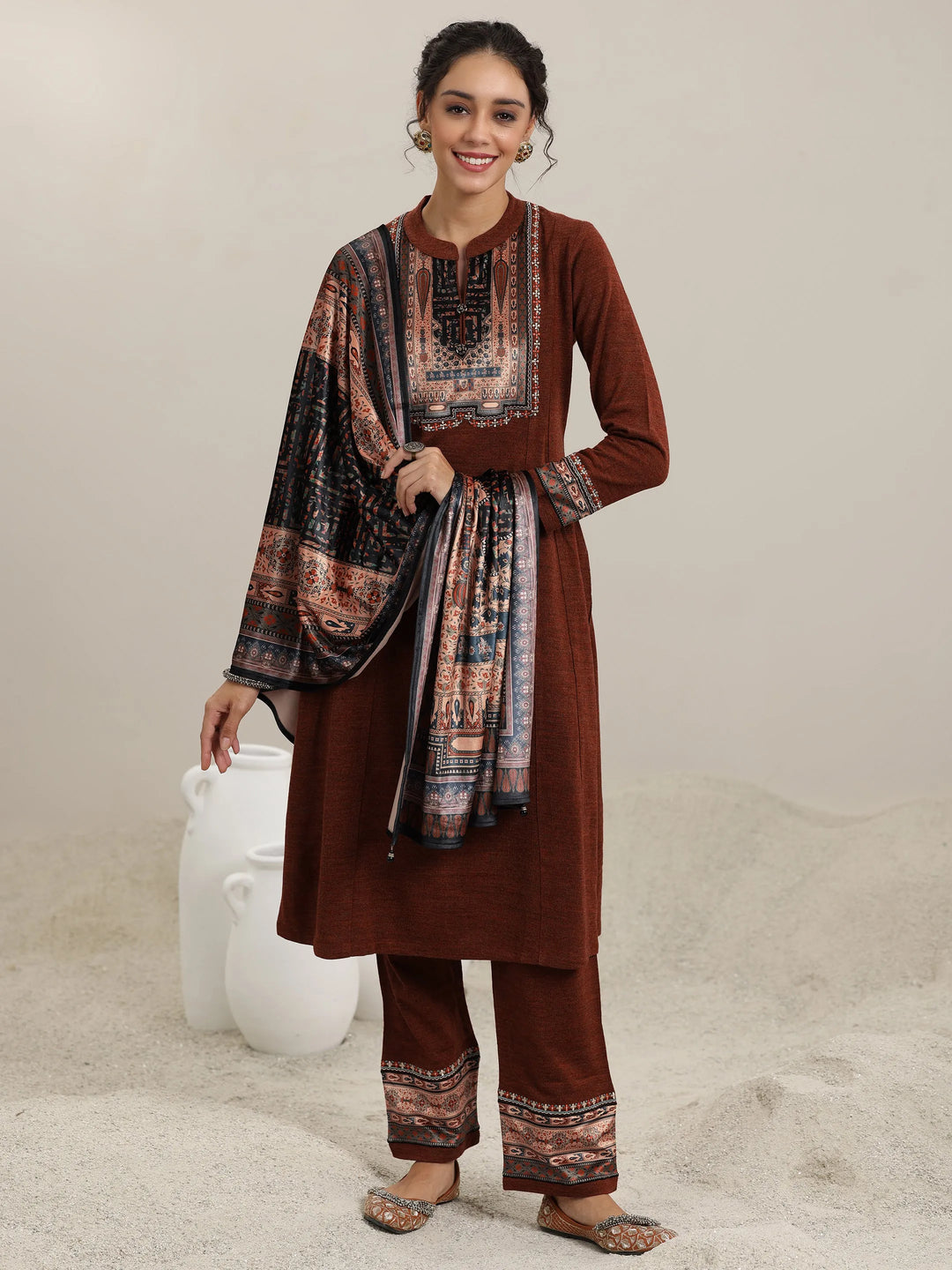  Rust Yoke Design Wool Blend Straight Suit With Dupatta 