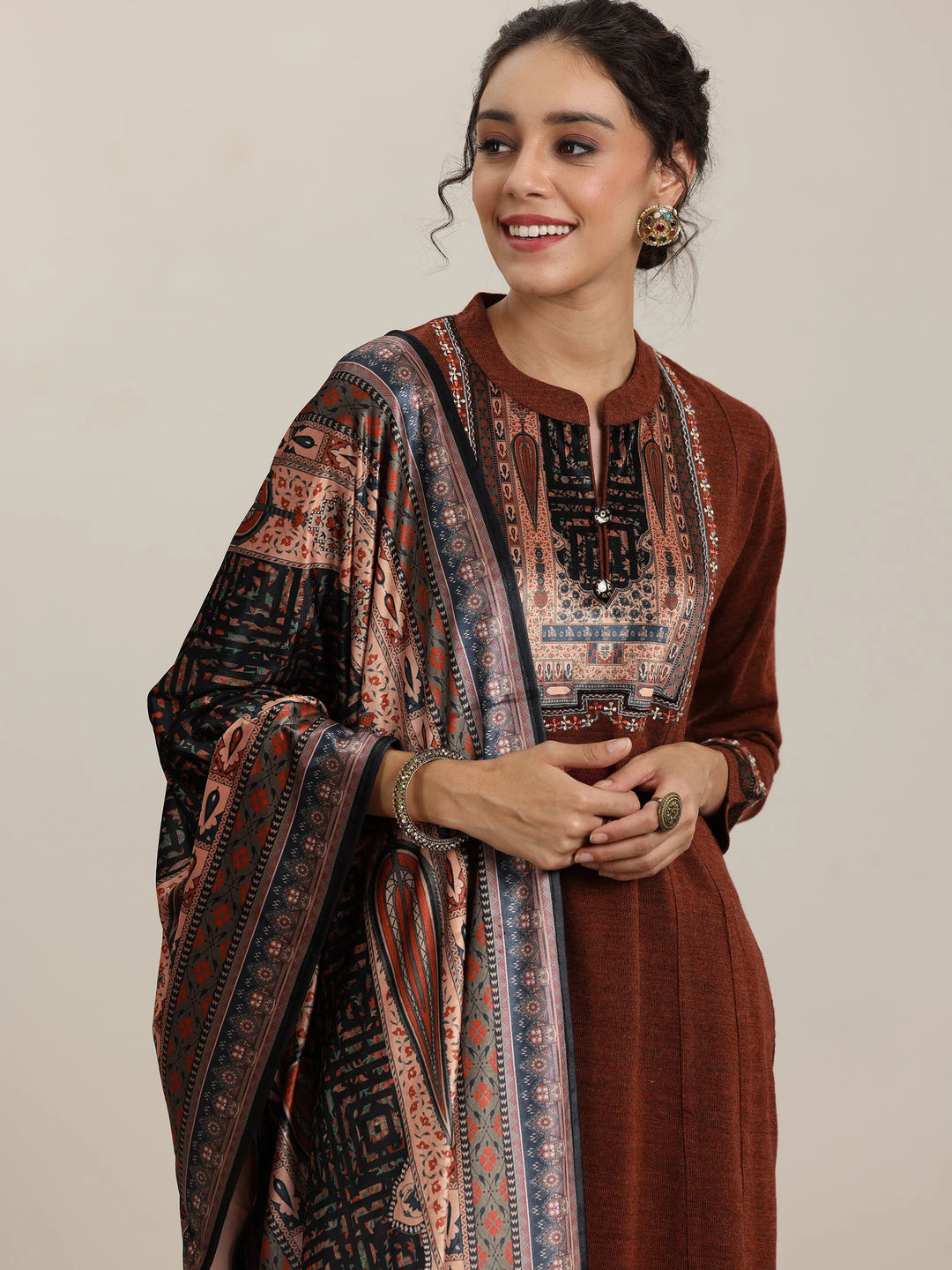  Rust Yoke Design Wool Blend Straight Suit With Dupatta 