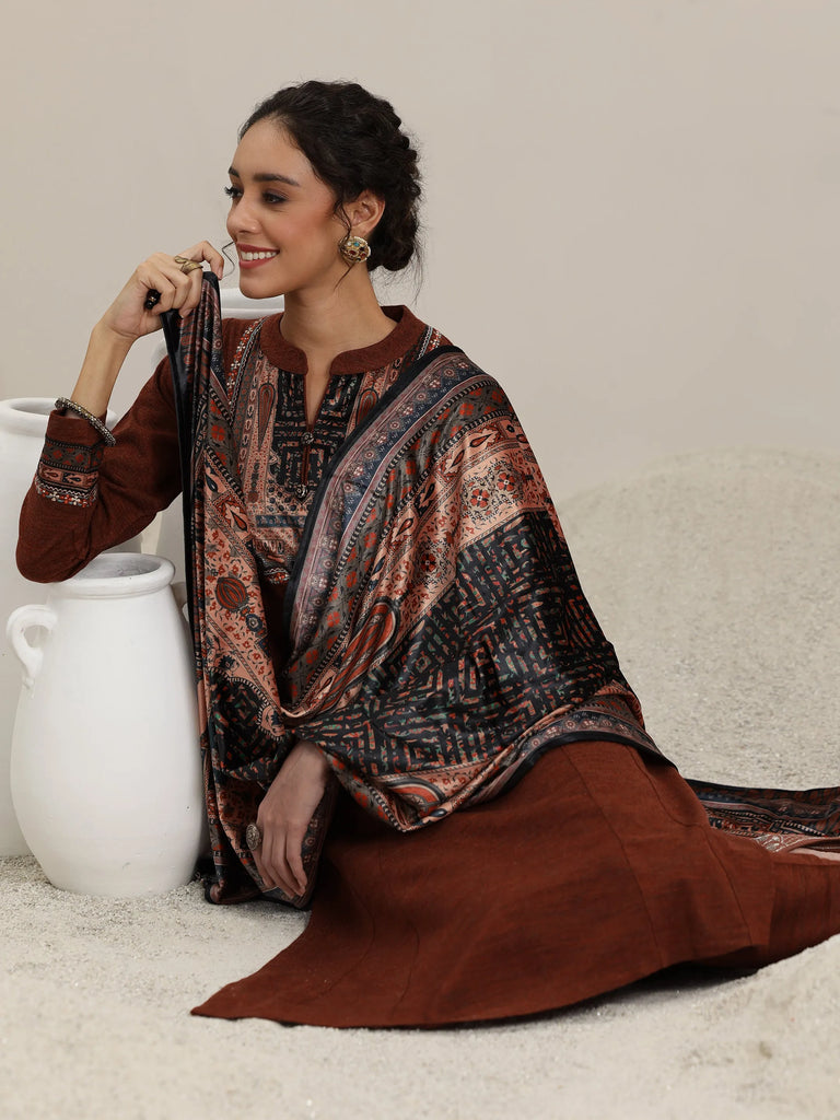Libas Rust Yoke Design Wool Blend Straight Suit With Dupatta