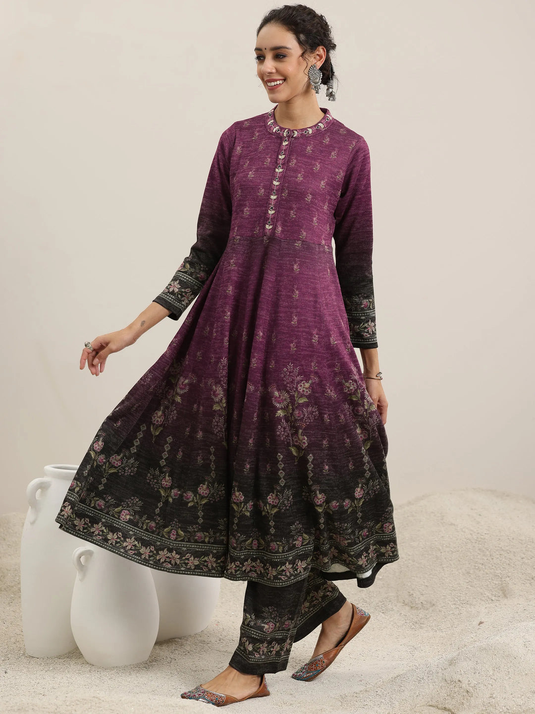  Wine Printed Wool Blend Anarkali Suit With Dupatta 