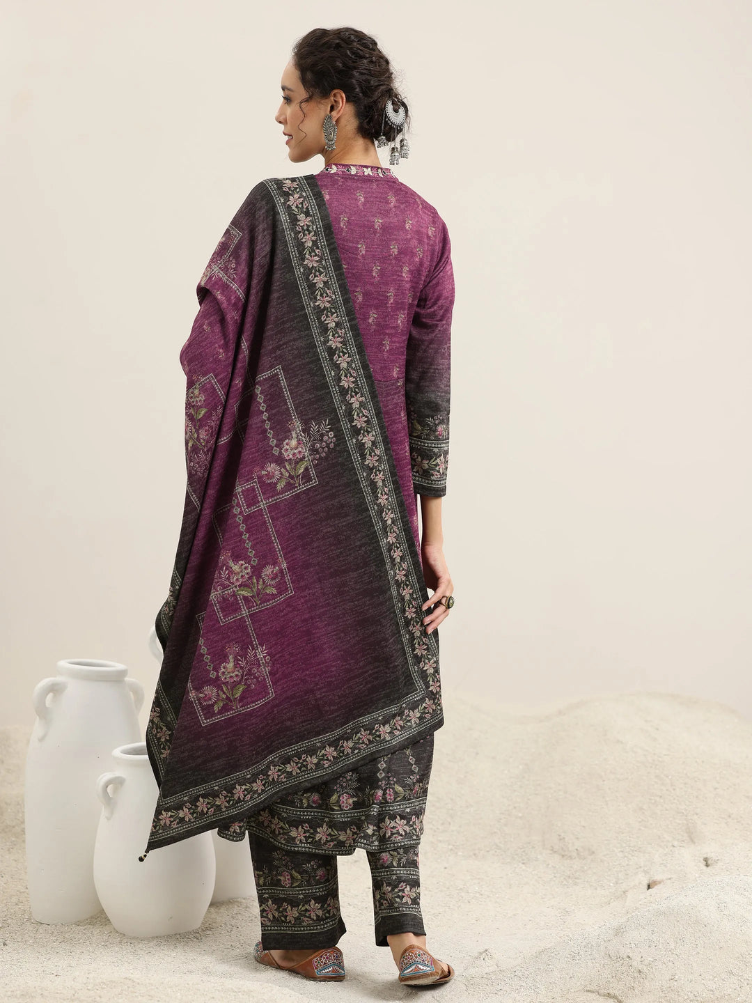  Wine Printed Wool Blend Anarkali Suit With Dupatta 