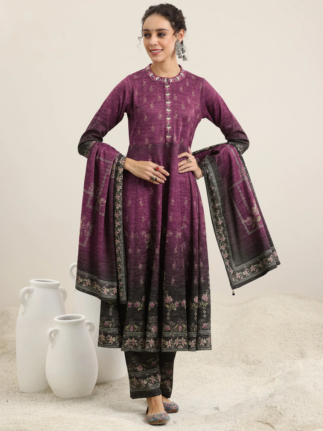  Wine Printed Wool Blend Anarkali Suit With Dupatta 