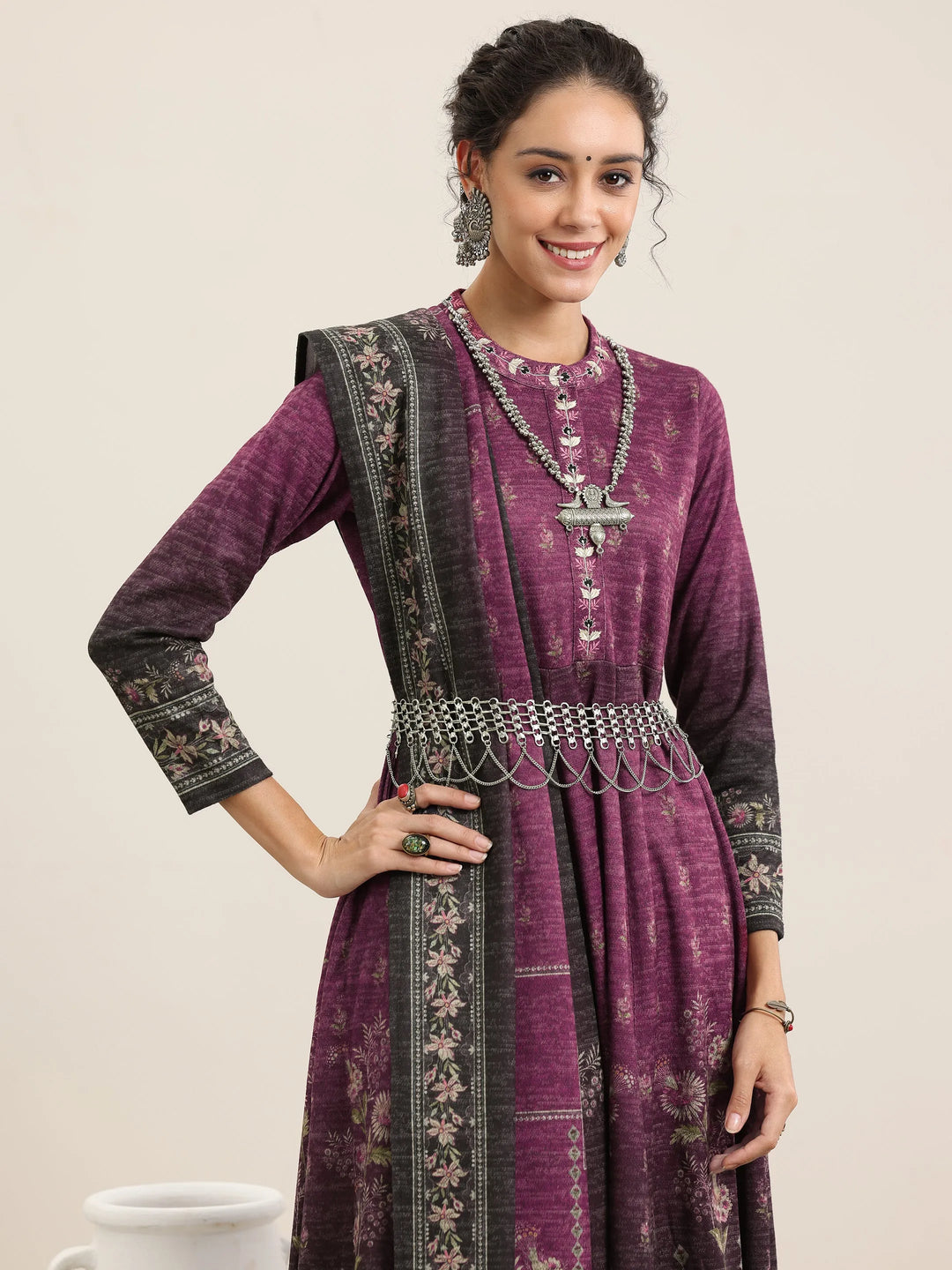  Wine Printed Wool Blend Anarkali Suit With Dupatta 