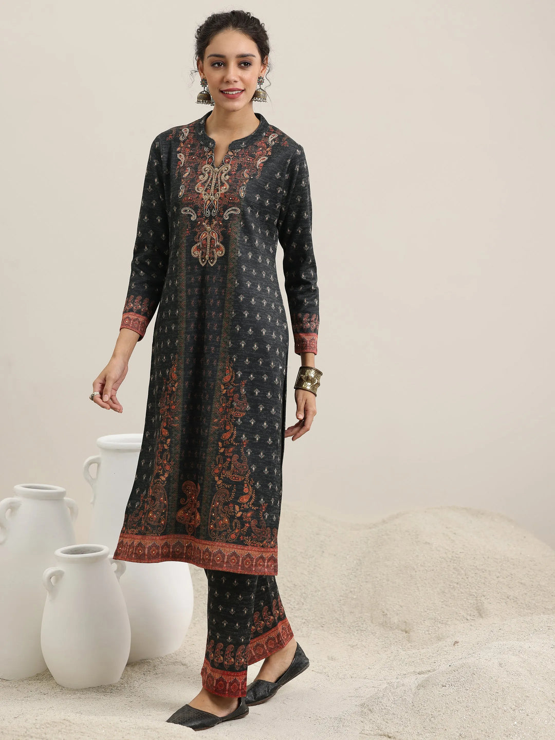  Grey Printed Wool Blend Straight Suit With Dupatta 