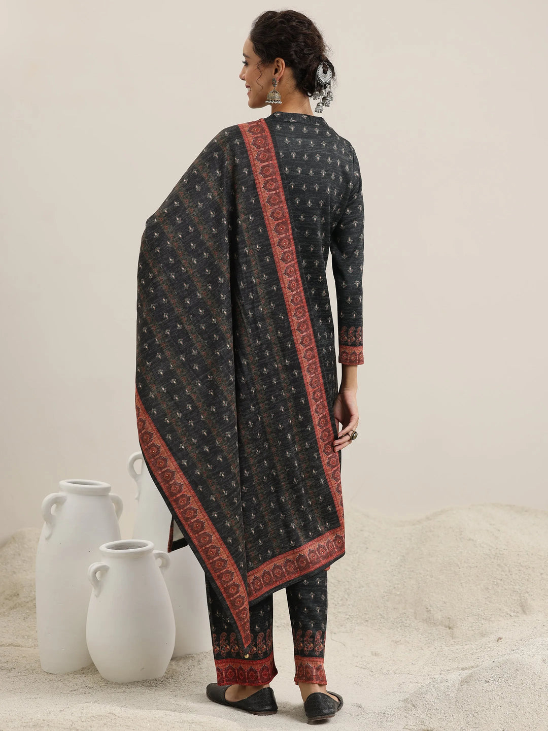  Grey Printed Wool Blend Straight Suit With Dupatta 