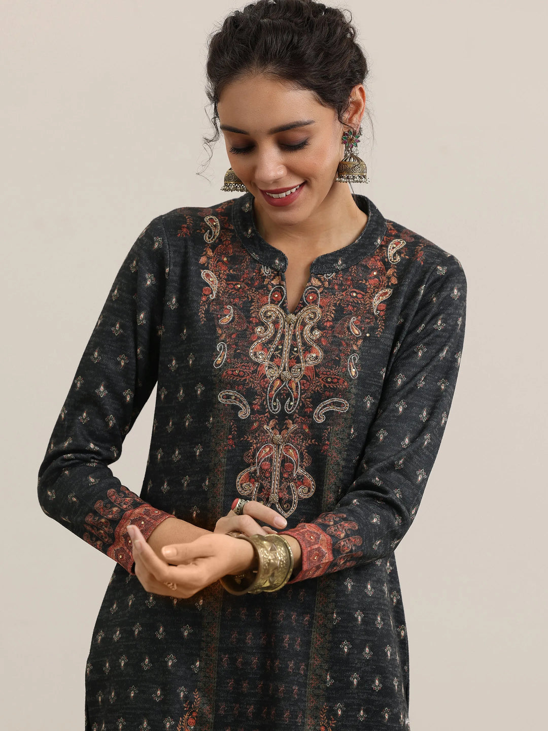  Grey Printed Wool Blend Straight Suit With Dupatta 