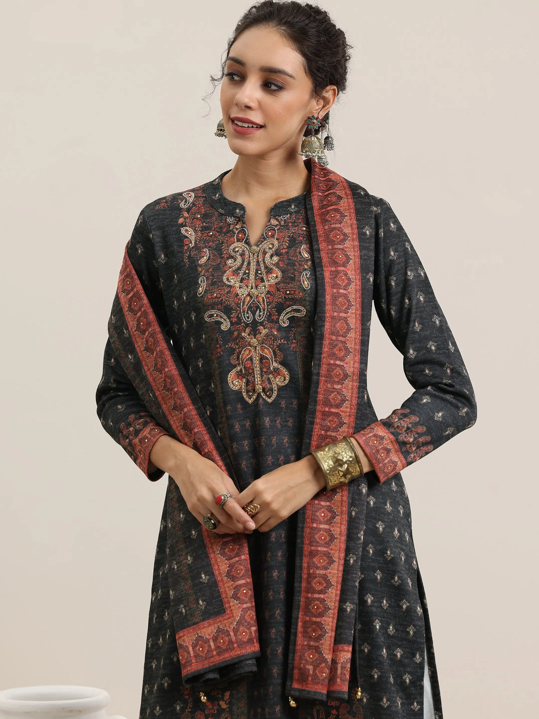  Grey Printed Wool Blend Straight Suit With Dupatta 