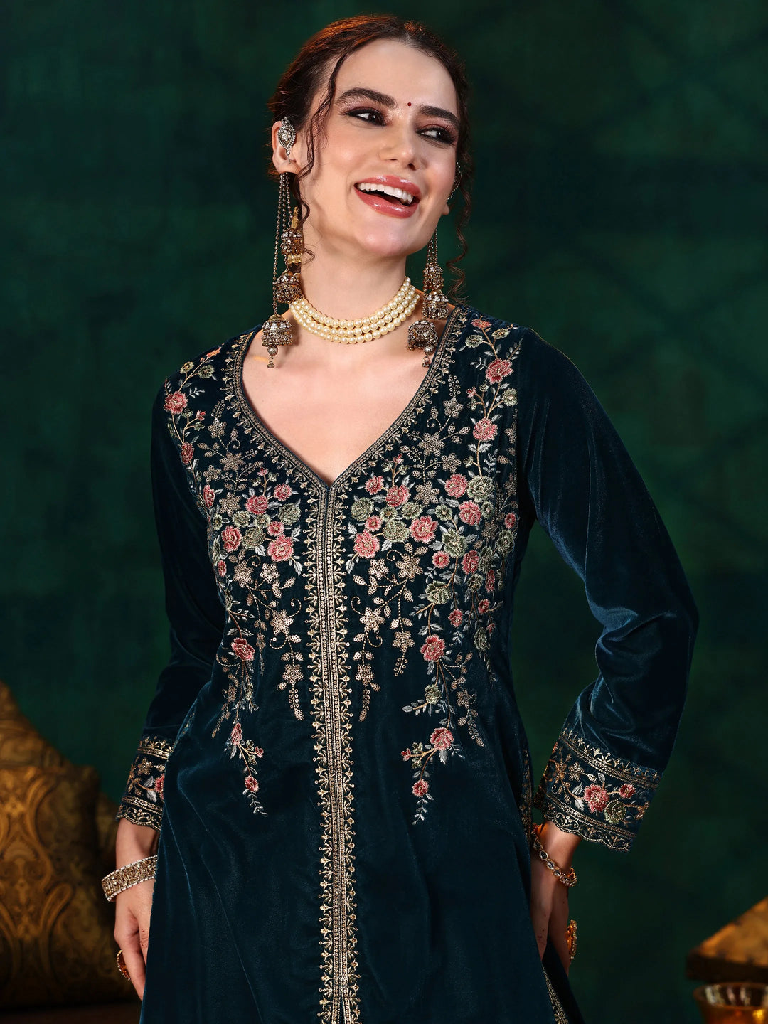  Teal Blue Embroidered Velvet Straight Suit With Dupatta 