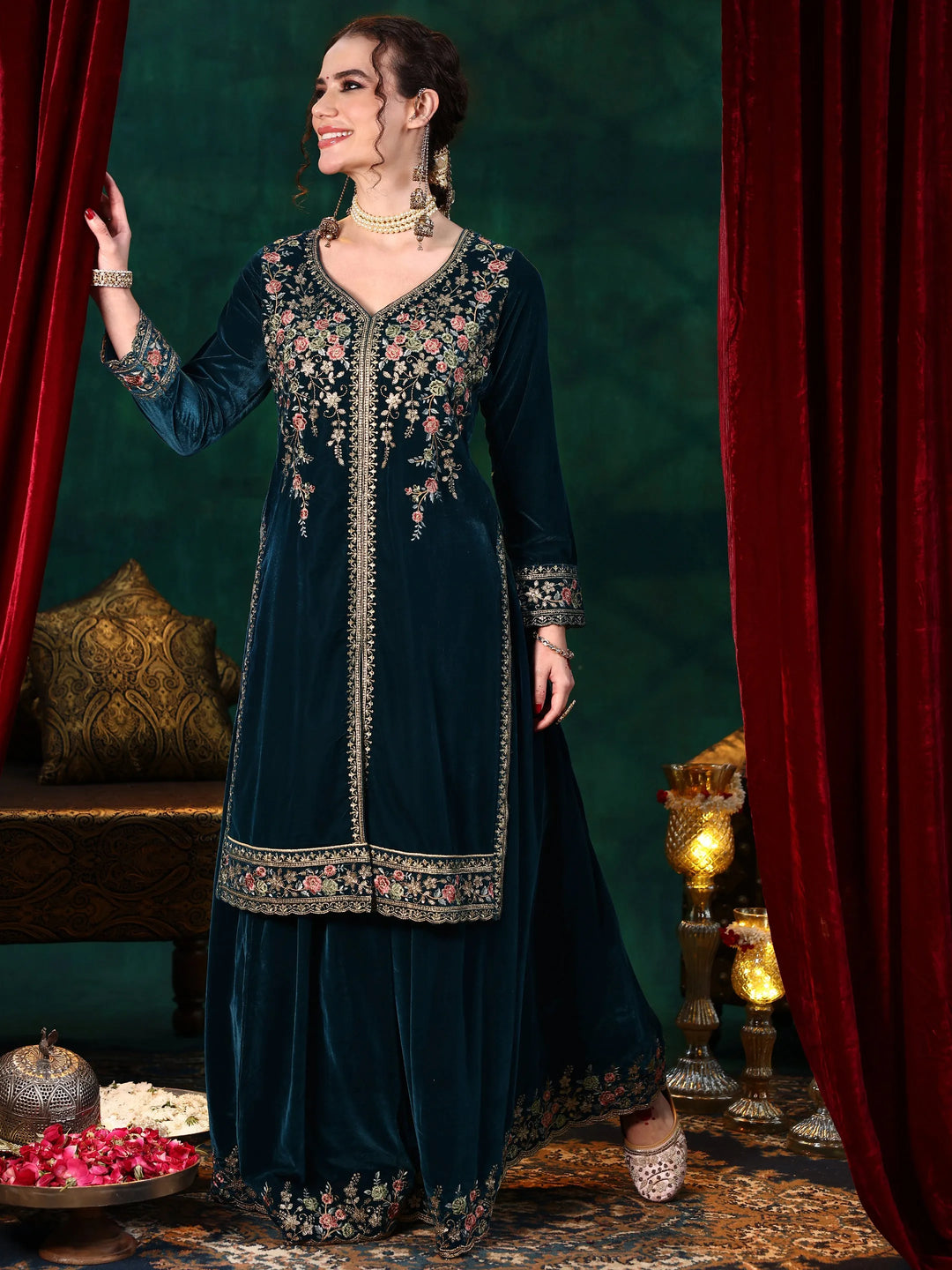  Teal Blue Embroidered Velvet Straight Suit With Dupatta 