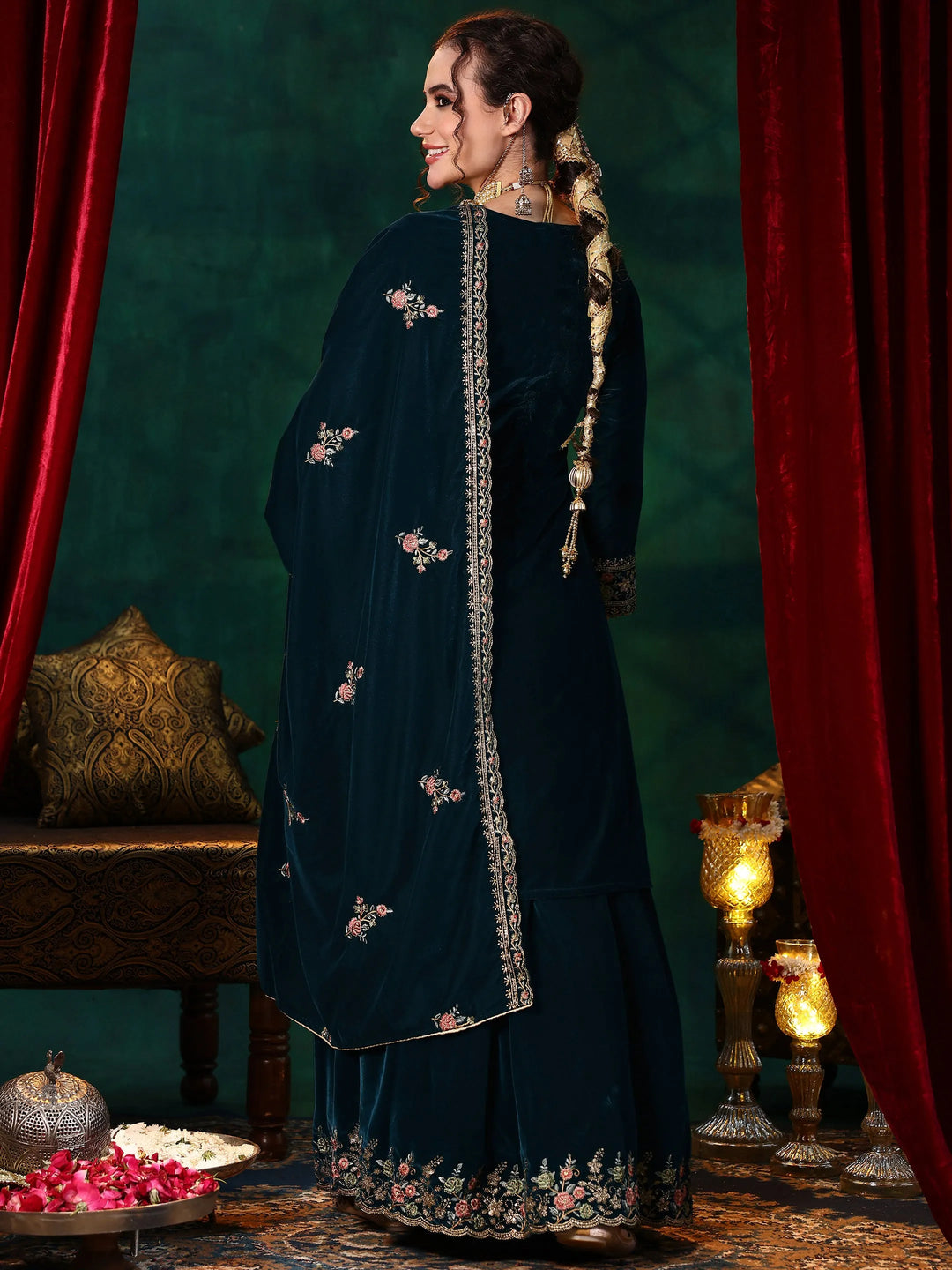  Teal Blue Embroidered Velvet Straight Suit With Dupatta 