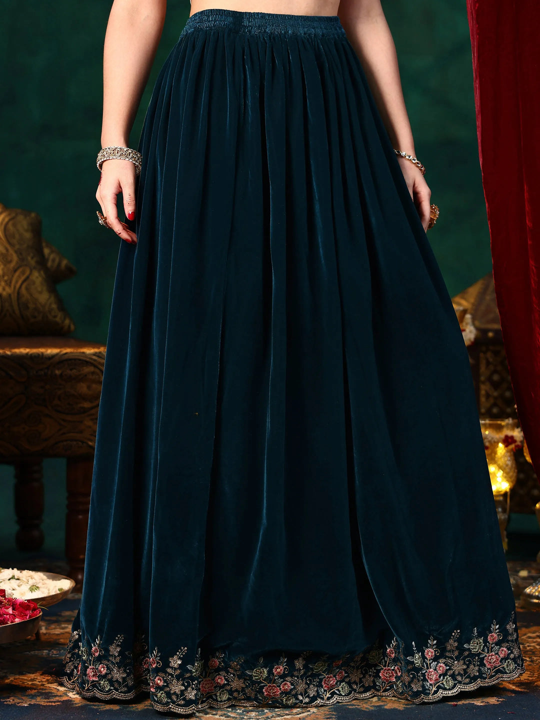  Teal Blue Embroidered Velvet Straight Suit With Dupatta 