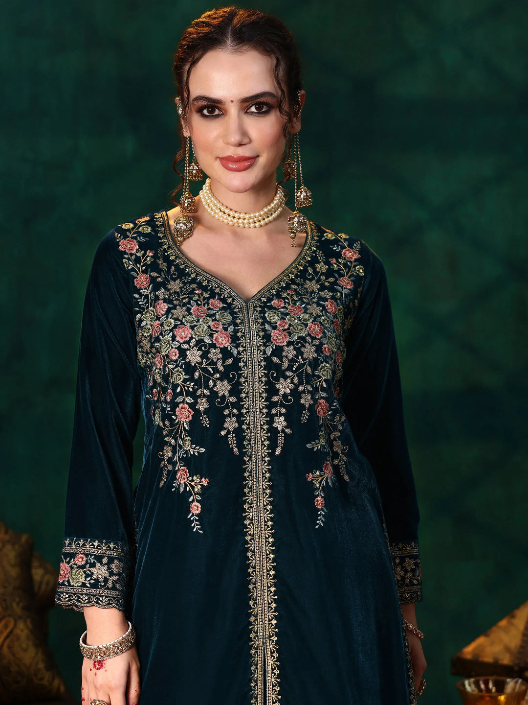  Teal Blue Embroidered Velvet Straight Suit With Dupatta 