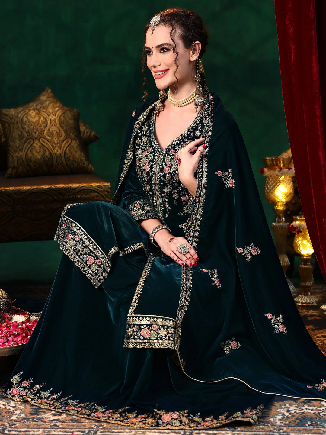  Teal Blue Embroidered Velvet Straight Suit With Dupatta 
