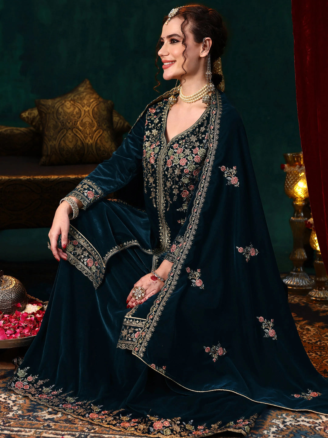  Teal Blue Embroidered Velvet Straight Suit With Dupatta 