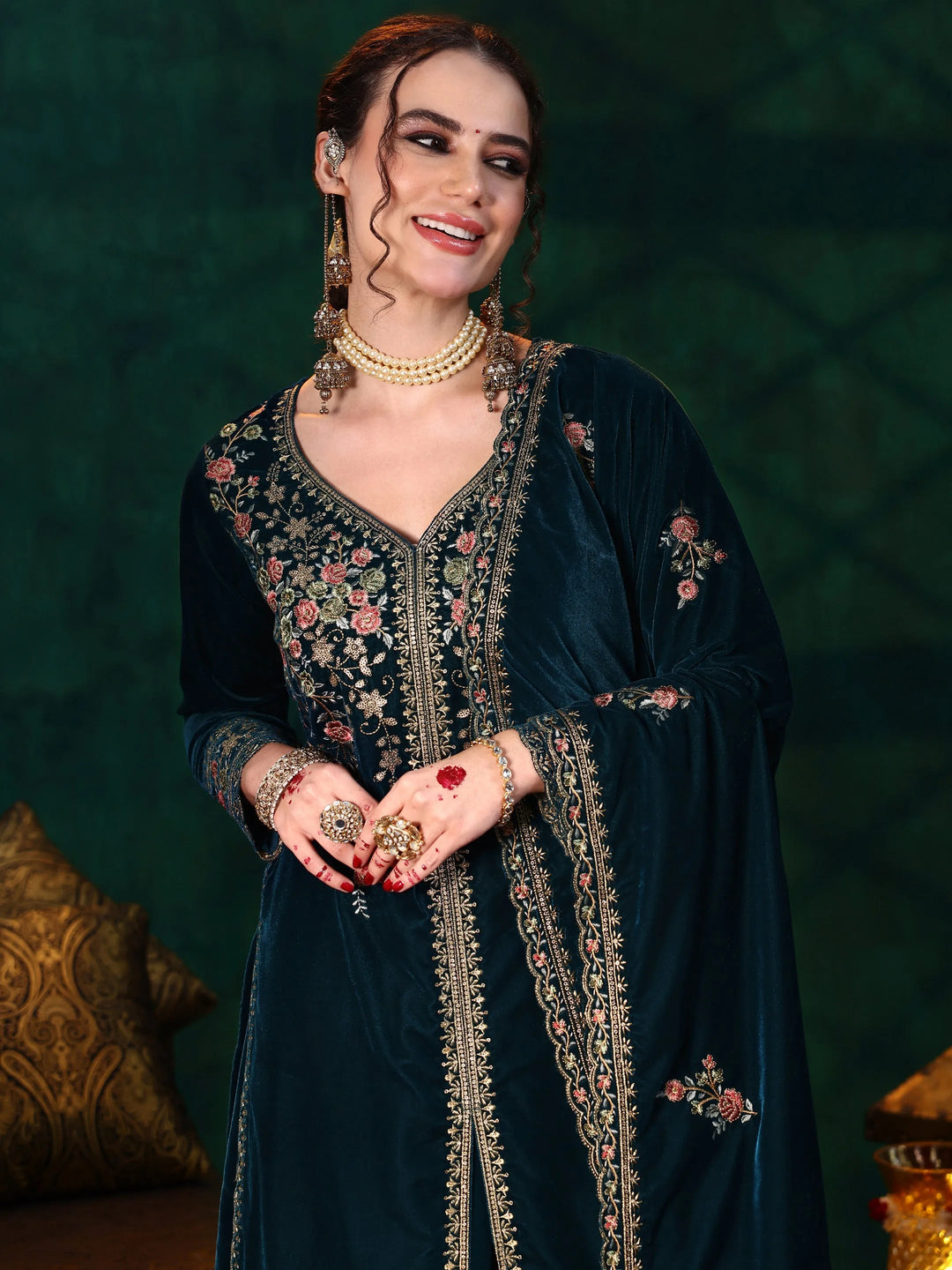 Teal Blue Embroidered Velvet Straight Suit With Dupatta 