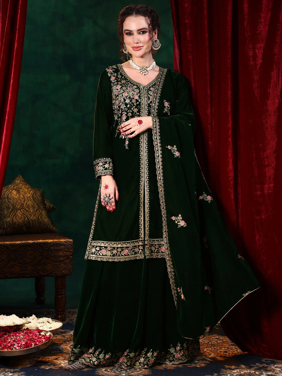  Green Embroidered Velvet Straight Suit With Dupatta 
