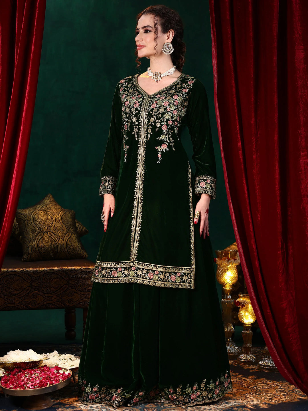  Green Embroidered Velvet Straight Suit With Dupatta 