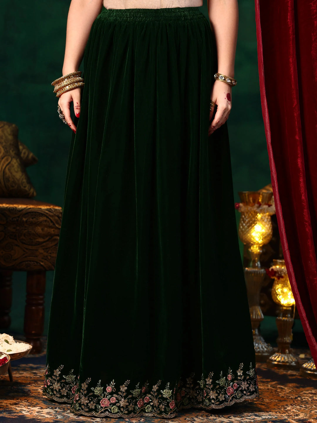  Green Embroidered Velvet Straight Suit With Dupatta 