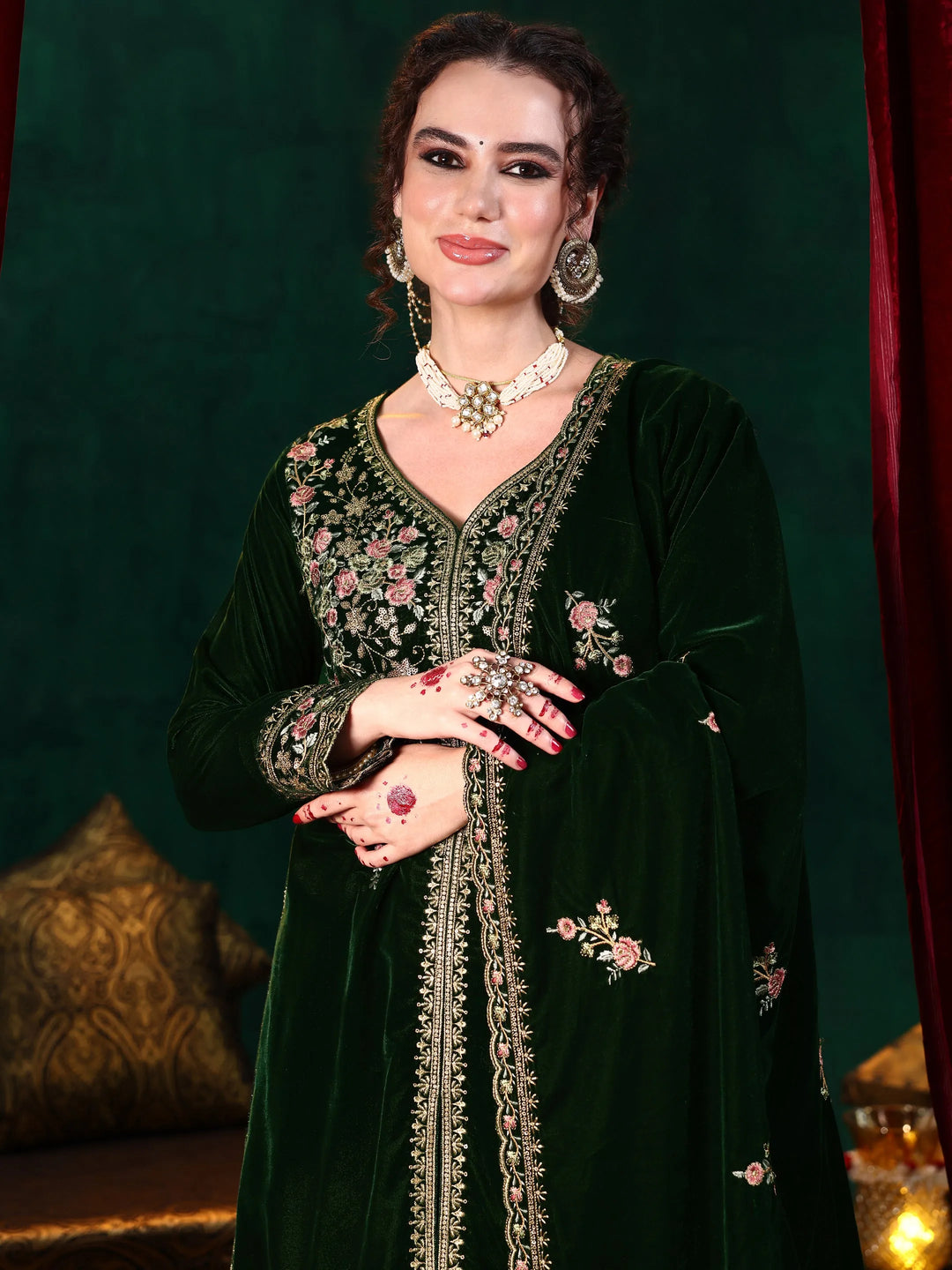  Green Embroidered Velvet Straight Suit With Dupatta 
