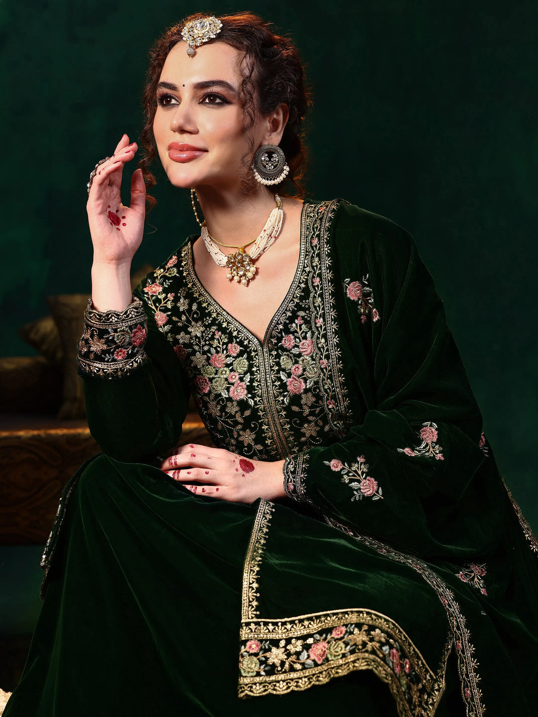  Green Embroidered Velvet Straight Suit With Dupatta 