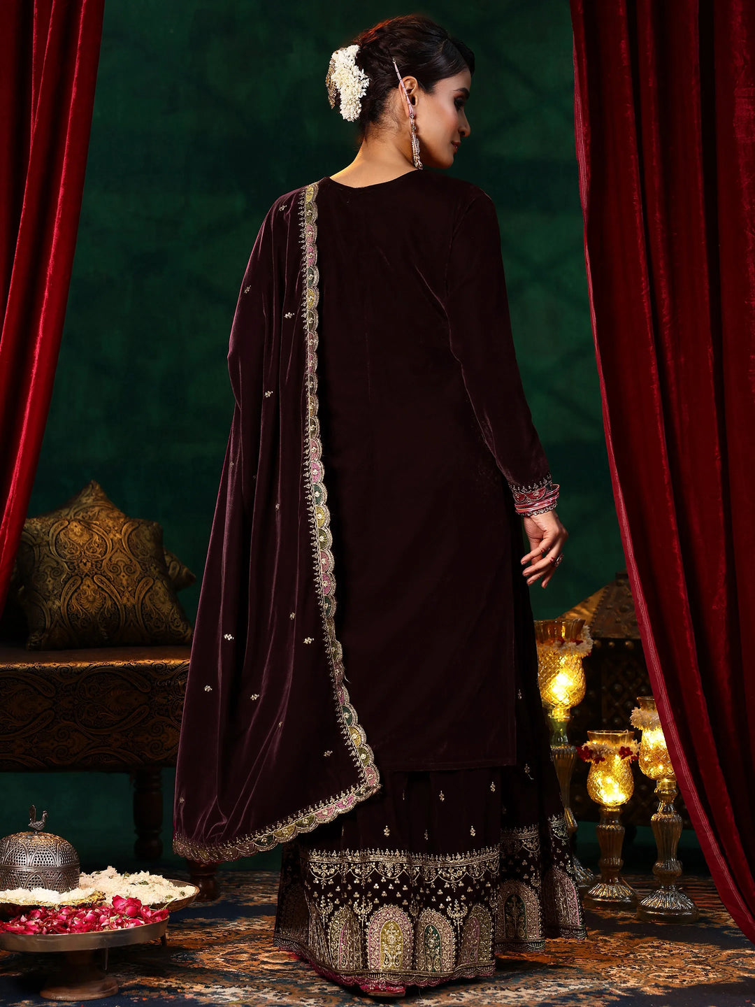  Burgundy Embroidered Velvet Straight Suit With Dupatta 