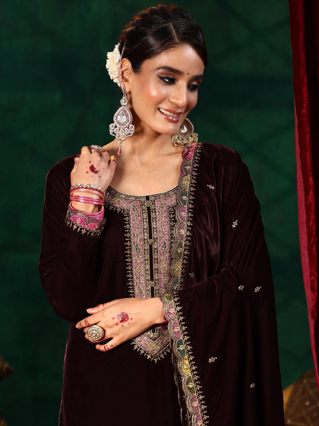  Burgundy Embroidered Velvet Straight Suit With Dupatta 