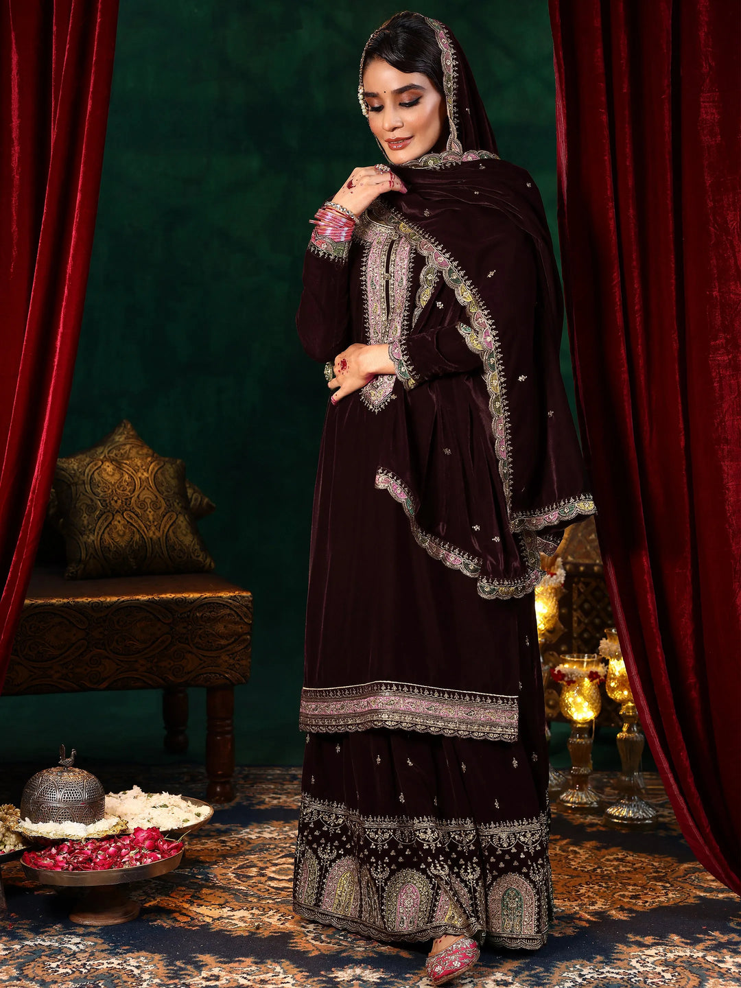  Burgundy Embroidered Velvet Straight Suit With Dupatta 