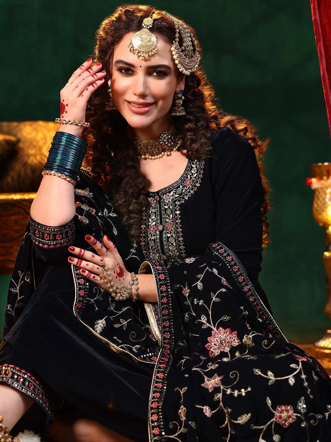  Blue Yoke Design Velvet Straight Suit With Dupatta 