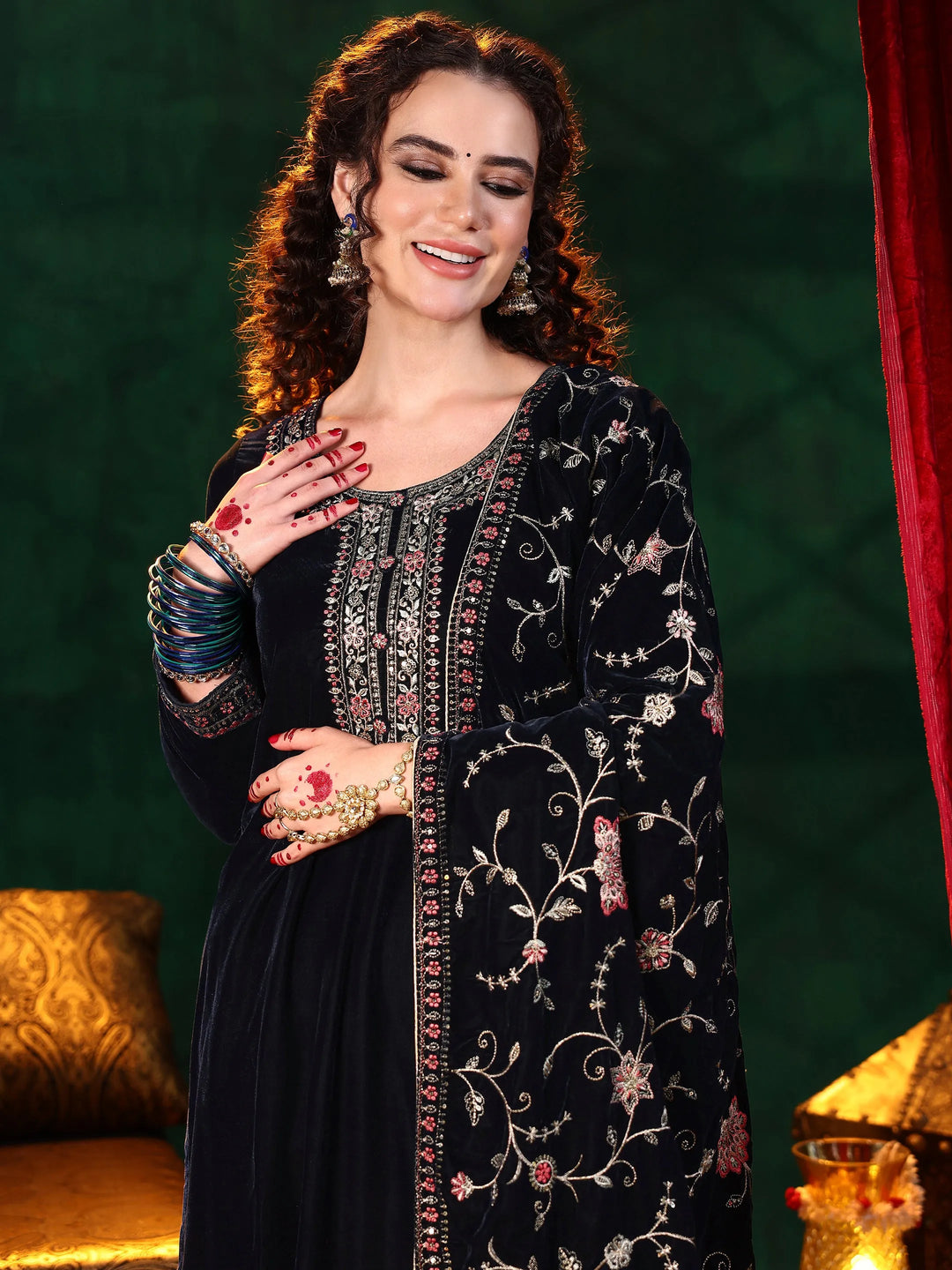  Blue Yoke Design Velvet Straight Suit With Dupatta 