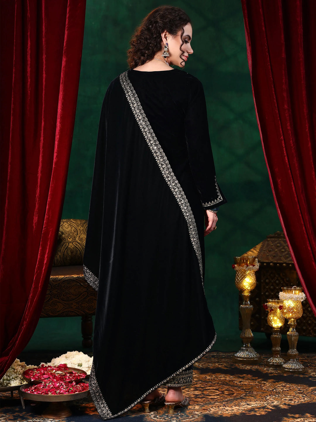  Blue Yoke Design Velvet Straight Suit With Dupatta 