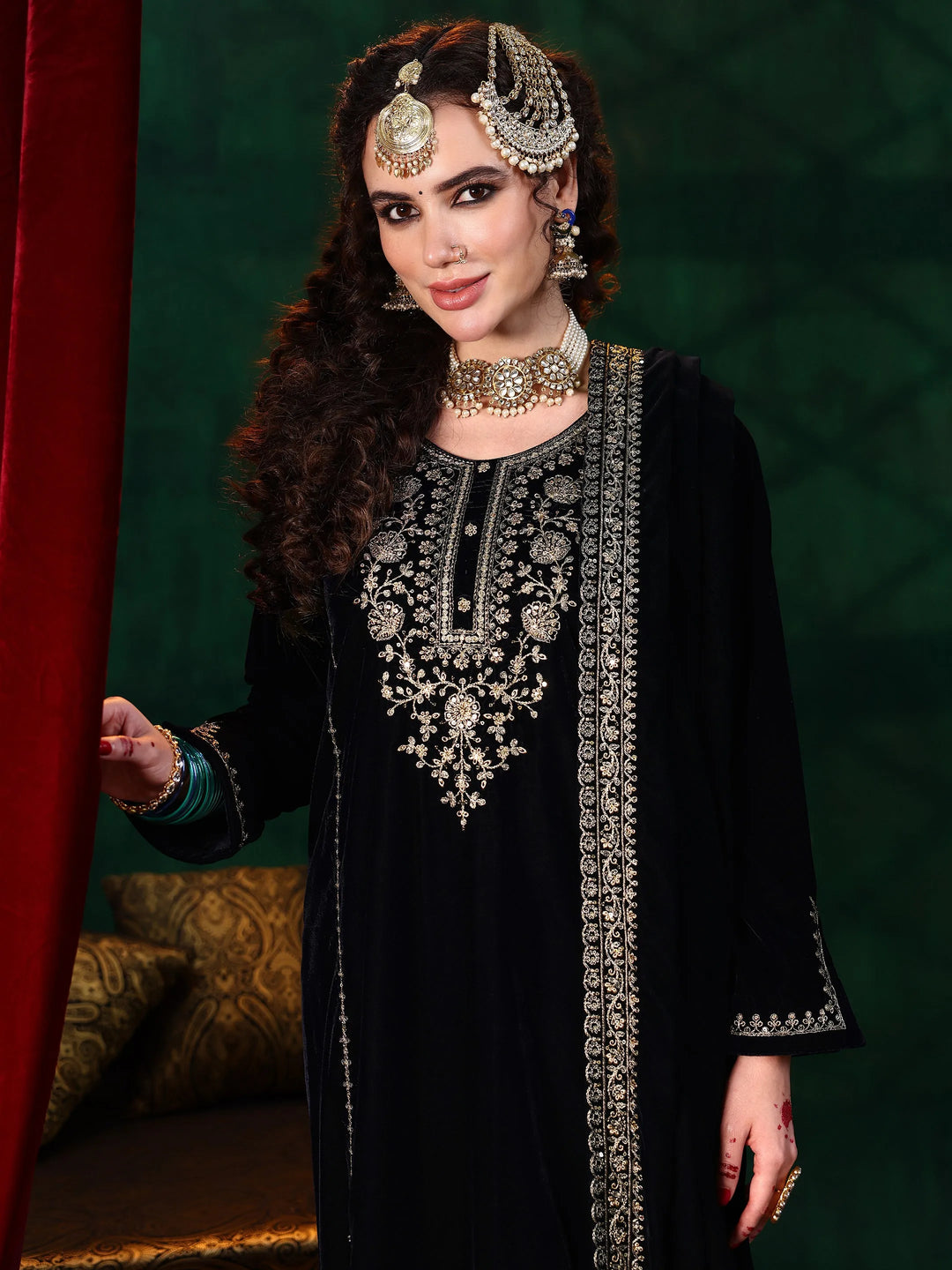  Blue Yoke Design Velvet Straight Suit With Dupatta 