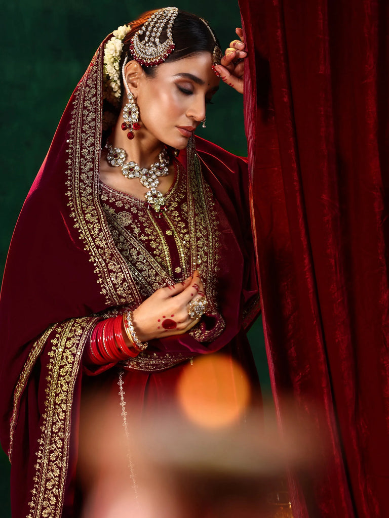 Libas Maroon Yoke Design Velvet Straight Suit With Dupatta