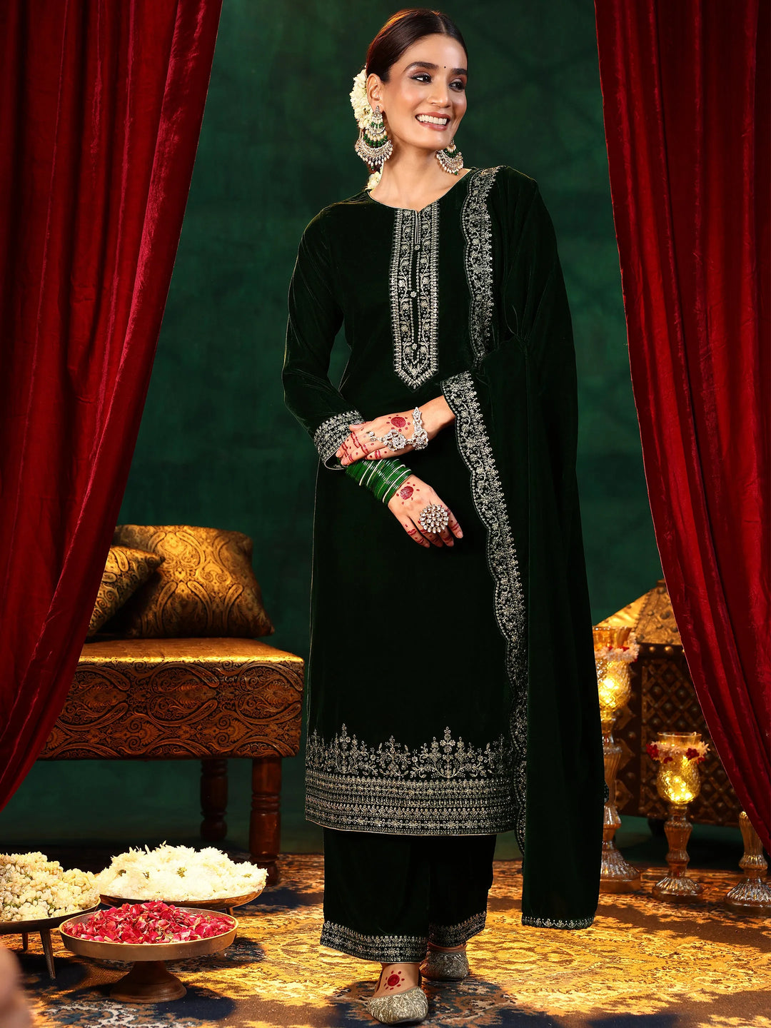  Green Embroidered Velvet Straight Suit With Dupatta 