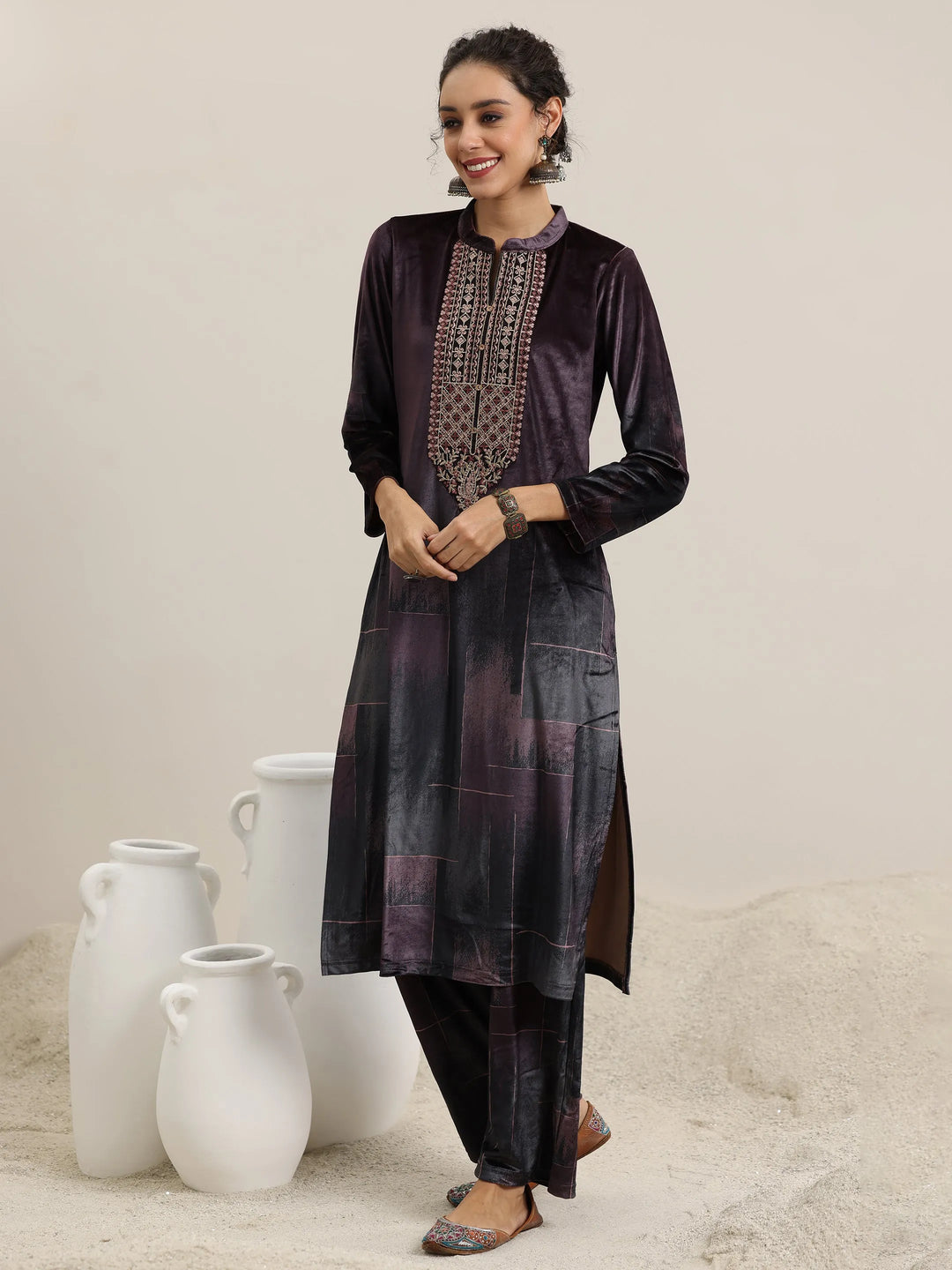  Brown Printed Velvet Straight Suit With Dupatta 