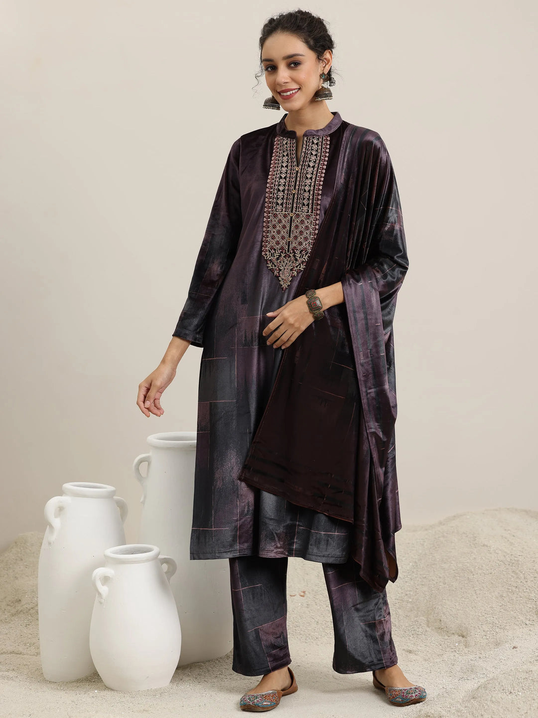  Brown Printed Velvet Straight Suit With Dupatta 