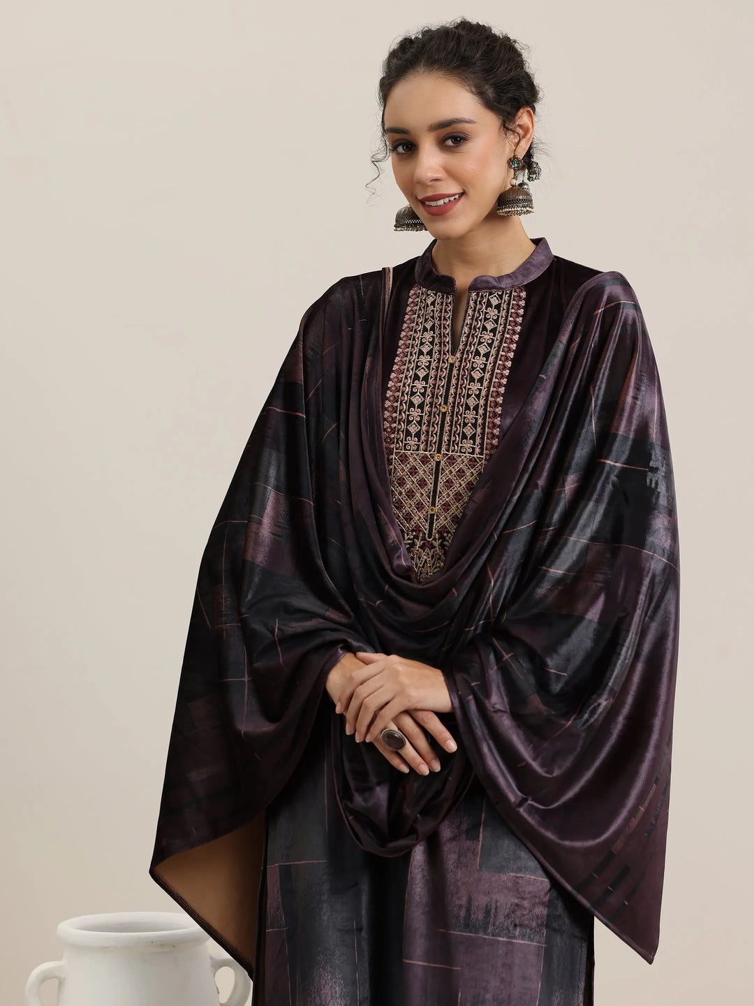  Brown Printed Velvet Straight Suit With Dupatta 