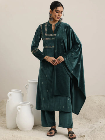 Libas Green Embroidered Velvet A-Line Kurta With Trousers & Dupatta