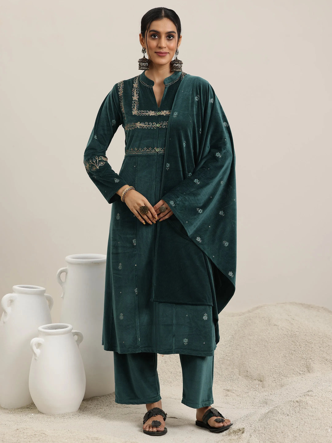  Green Embroidered Velvet A-Line Kurta With Trousers & Dupatta 