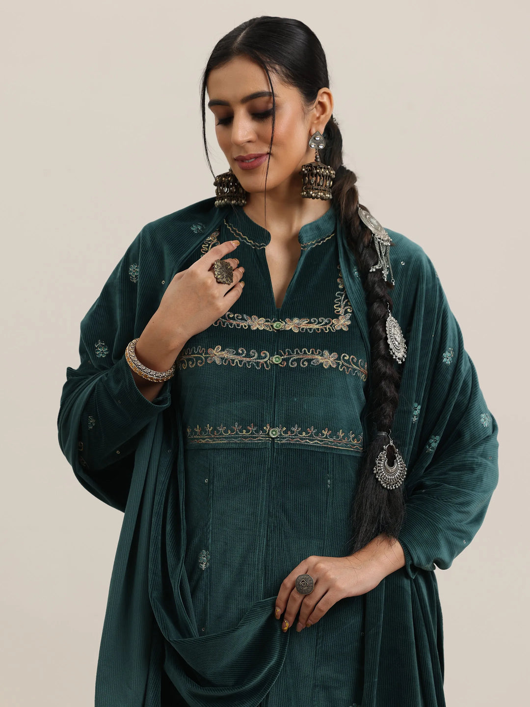  Green Embroidered Velvet A-Line Kurta With Trousers & Dupatta 