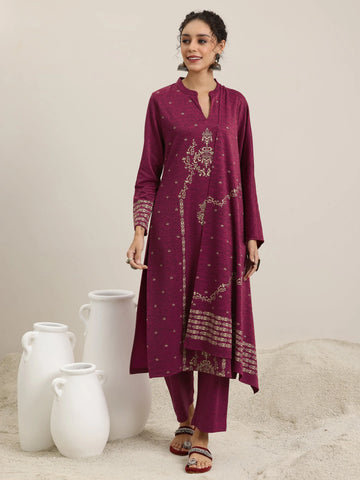 Libas Pink Woven Design Wool Blend Straight Suit With Dupatta