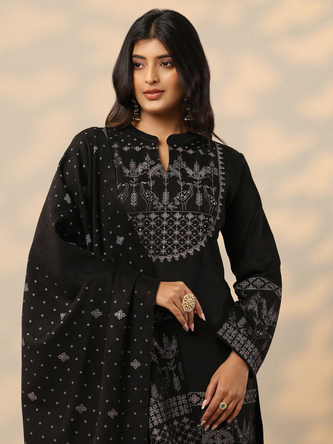  Black Printed Wool Blend Straight Suit With Dupatta 