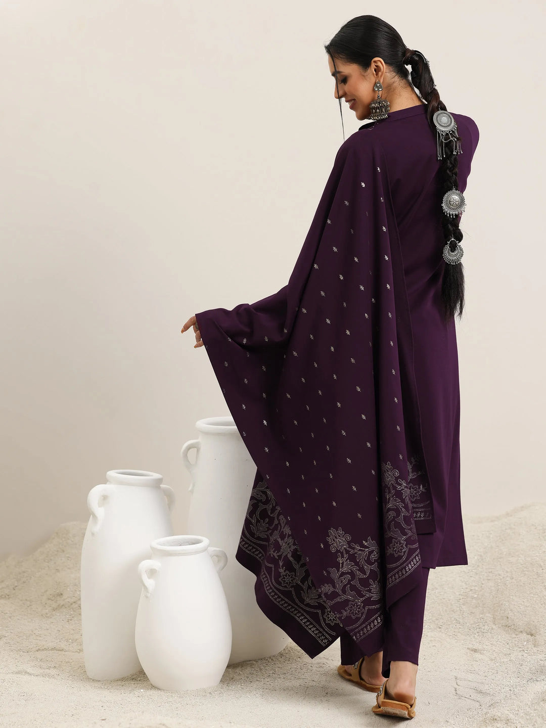  Burgundy Woven Design Wool Blend Straight Suit With Dupatta 
